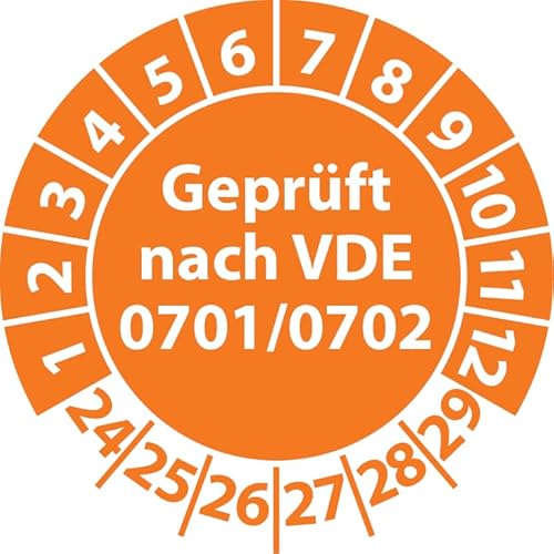 Prüfplakette Geprüft nach VDE 0701/0702, Vinylfolie, Prüfaufkleber, Prüfetikett, Plakette (35 mm Ø, Orange, 100) von Fast-Label