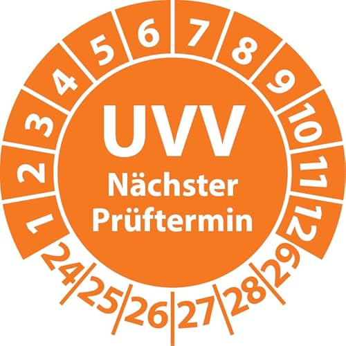 Prüfplakette UVV Nächster Prüftermin, Vinylfolie, Prüfaufkleber, Prüfetikett, Plakette UVV-Prüfung (20 mm Ø, Orange, 250) von Fast-Label