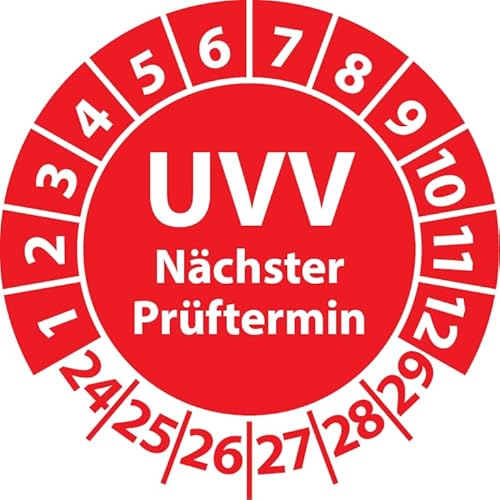 Prüfplakette UVV Nächster Prüftermin, Vinylfolie, Prüfaufkleber, Prüfetikett, Plakette UVV-Prüfung (20 mm Ø, Rot, 500) von Fast-Label