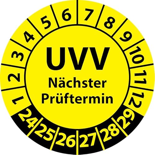 Prüfplakette UVV Nächster Prüftermin, Vinylfolie, Prüfaufkleber, Prüfetikett, Plakette UVV-Prüfung (25 mm Ø, Gelb, 250) von Fast-Label