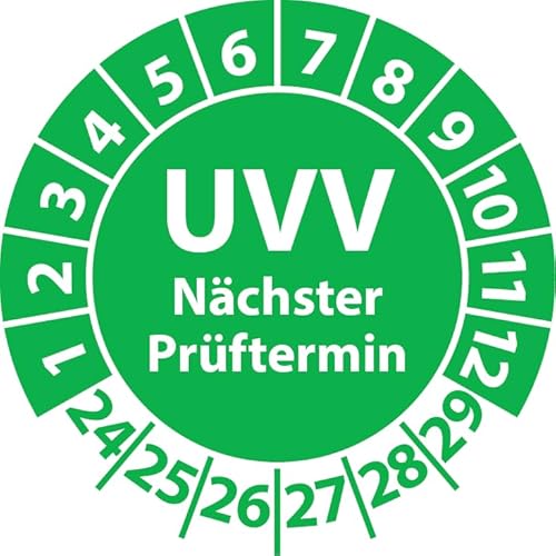 Prüfplakette UVV Nächster Prüftermin, Vinylfolie, Prüfaufkleber, Prüfetikett, Plakette UVV-Prüfung (25 mm Ø, Grün, 250) von Fast-Label