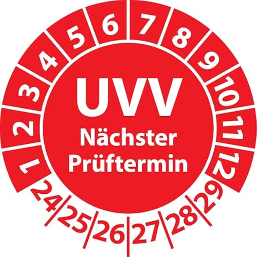 Prüfplakette UVV Nächster Prüftermin, Vinylfolie, Prüfaufkleber, Prüfetikett, Plakette UVV-Prüfung (25 mm Ø, Rot, 100) von Fast-Label