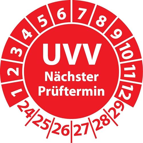 Prüfplakette UVV Nächster Prüftermin, Vinylfolie, Prüfaufkleber, Prüfetikett, Plakette UVV-Prüfung (25 mm Ø, Rot, 500) von Fast-Label
