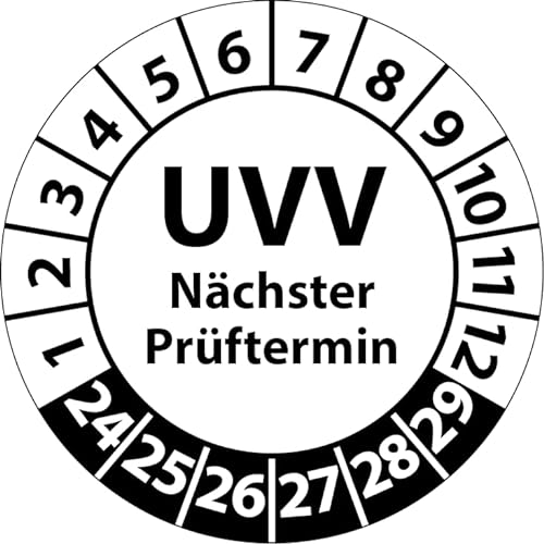 Prüfplakette UVV Nächster Prüftermin, Vinylfolie, Prüfaufkleber, Prüfetikett, Plakette UVV-Prüfung (25 mm Ø, Weiß, 100) von Fast-Label