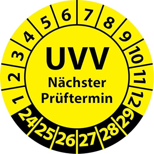 Prüfplakette UVV Nächster Prüftermin, Vinylfolie, Prüfaufkleber, Prüfetikett, Plakette UVV-Prüfung (30 mm Ø, Gelb, 250) von Fast-Label