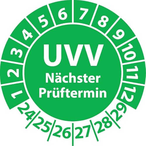 Prüfplakette UVV Nächster Prüftermin, Vinylfolie, Prüfaufkleber, Prüfetikett, Plakette UVV-Prüfung (30 mm Ø, Grün, 100) von Fast-Label