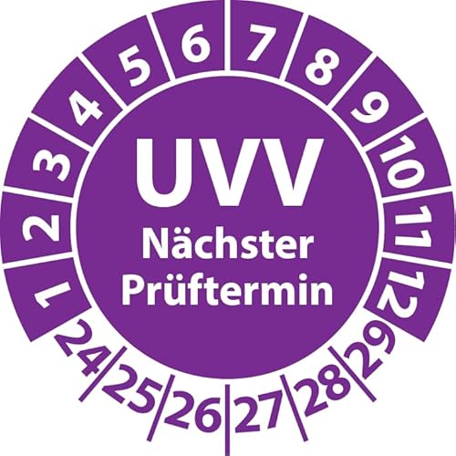 Prüfplakette UVV Nächster Prüftermin, Vinylfolie, Prüfaufkleber, Prüfetikett, Plakette UVV-Prüfung (30 mm Ø, Violett, 100) von Fast-Label