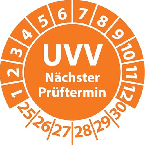 Prüfplakette UVV Nächster Prüftermin, Vinylfolie, Prüfaufkleber, Prüfetikett, Plakette UVV-Prüfung (35 mm Ø, Orange, 100) von Fast-Label