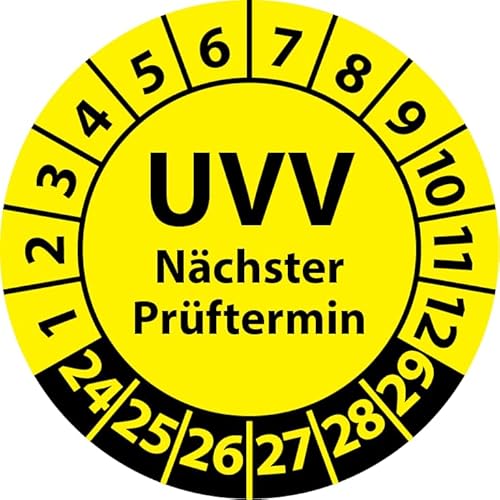 Prüfplakette UVV Nächster Prüftermin, Vinylfolie, Prüfaufkleber, Prüfetikett, Plakette UVV-Prüfung (35 mm Ø, Gelb, 250) von Fast-Label