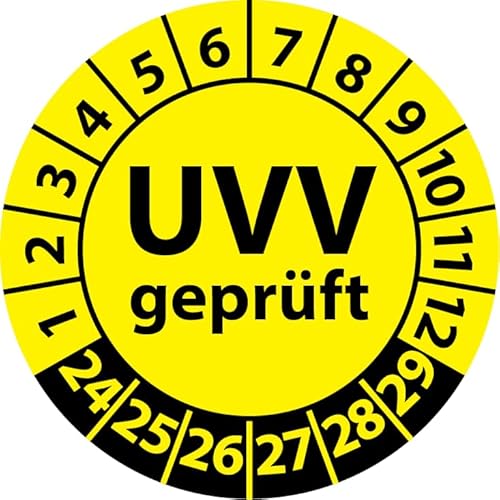 Prüfplakette UVV geprüft, Vinylfolie, Prüfaufkleber, Prüfetikett, Plakette Unfallverhütungsvorschrift (20 mm Ø, Gelb, 250) von Fast-Label