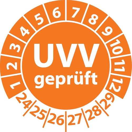 Prüfplakette UVV geprüft, Vinylfolie, Prüfaufkleber, Prüfetikett, Plakette Unfallverhütungsvorschrift (25 mm Ø, Orange, 250) von Fast-Label