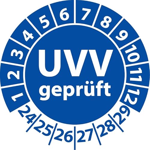 Prüfplakette UVV geprüft, Vinylfolie, Prüfaufkleber, Prüfetikett, Plakette Unfallverhütungsvorschrift (25 mm Ø, Blau, 100) von Fast-Label