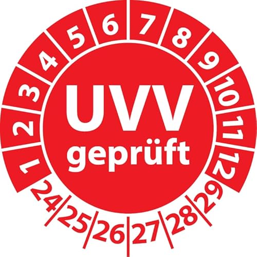 Prüfplakette UVV geprüft, Vinylfolie, Prüfaufkleber, Prüfetikett, Plakette Unfallverhütungsvorschrift (25 mm Ø, Rot, 100) von Fast-Label
