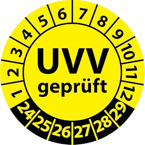 Prüfplakette UVV geprüft, Vinylfolie, Prüfaufkleber, Prüfetikett, Plakette Unfallverhütungsvorschrift (30 mm Ø, Gelb, 100) von Fast-Label