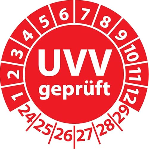 Prüfplakette UVV geprüft, Vinylfolie, Prüfaufkleber, Prüfetikett, Plakette Unfallverhütungsvorschrift (30 mm Ø, Rot, 100) von Fast-Label