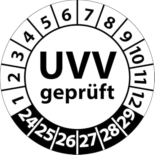 Prüfplakette UVV geprüft, Vinylfolie, Prüfaufkleber, Prüfetikett, Plakette Unfallverhütungsvorschrift (35 mm Ø, Weiß, 100) von Fast-Label