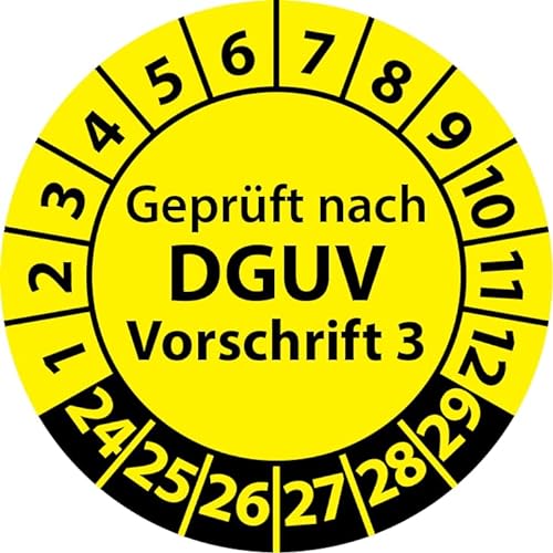 Prüfplaketten Geprüft nach DGUV Vorschrift 3, Vinylfolie, Prüfaufkleber, Prüfetiketten, Plaketten DGUV V3 (20 mm Ø, Gelb, 250) von Fast-Label