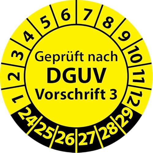 Prüfplaketten Geprüft nach DGUV Vorschrift 3, Vinylfolie, Prüfaufkleber, Prüfetiketten, Plaketten DGUV V3 (20 mm Ø, Gelb, 500) von Fast-Label