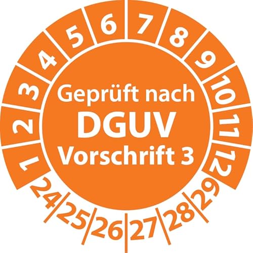 Prüfplaketten Geprüft nach DGUV Vorschrift 3, Vinylfolie, Prüfaufkleber, Prüfetiketten, Plaketten DGUV V3 (20 mm Ø, Orange, 100) von Fast-Label