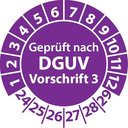 Prüfplaketten Geprüft nach DGUV Vorschrift 3, Vinylfolie, Prüfaufkleber, Prüfetiketten, Plaketten DGUV V3 (20 mm Ø, Violett, 100) von Fast-Label