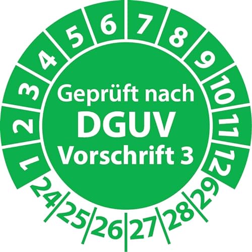 Prüfplaketten Geprüft nach DGUV Vorschrift 3, Vinylfolie, Prüfaufkleber, Prüfetiketten, Plaketten DGUV V3 (25 mm Ø, Grün, 100) von Fast-Label