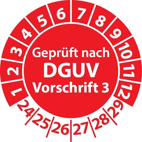 Prüfplaketten Geprüft nach DGUV Vorschrift 3, Vinylfolie, Prüfaufkleber, Prüfetiketten, Plaketten DGUV V3 (30 mm Ø, Rot, 500) von Fast-Label