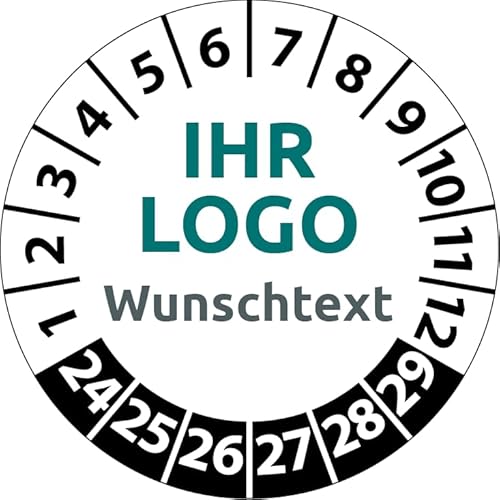 Prüfplaketten mit Logo und Wunschtext, 120 Stück, Vinylfolie, selbstklebend, Prüfetiketten/Prüfaufkleber mit Firmeneindruck (50 mm Ø) von Fast-Label