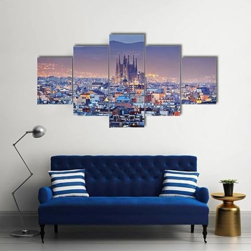 FatAco 5 Paneele Leinwand mit Rahmen Barcelona Spanien Bild Kunstdruck Leinwand Gemälde Wandmalerei Home Office Wohnzimmer Schlafzimmer Dekoration Ready to Hang von FatAco
