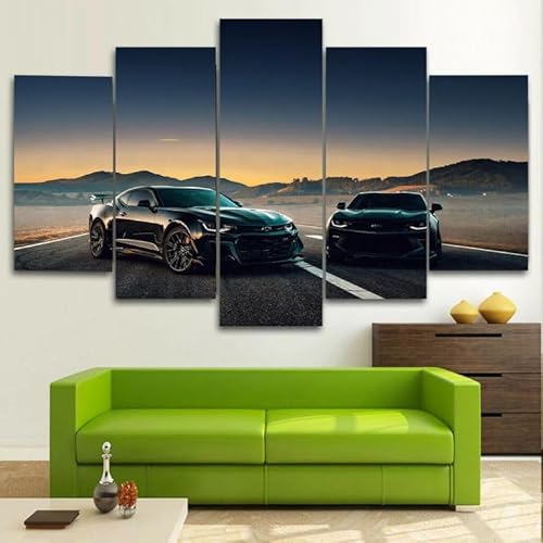 FatAco 5 Paneele Leinwand mit Rahmen Black Chevrole Camaro Roadster Bild Kunstdruck Leinwand Gemälde Wandmalerei Home Office Wohnzimmer Schlafzimmer Dekoration Ready to Hang von FatAco
