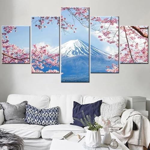 FatAco 5 Paneele Leinwand mit Rahmen Fuji Berg Sakura Landschaft Bild Kunstdruck Leinwand Gemälde Wandmalerei Home Office Wohnzimmer Schlafzimmer Dekoration Ready to Hang von FatAco