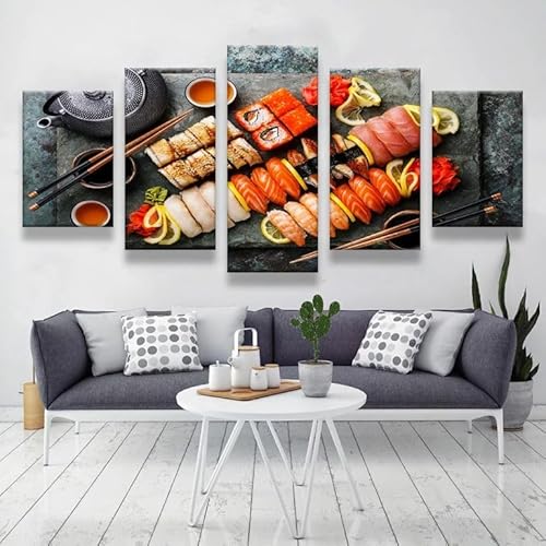 FatAco 5 Paneele Leinwand mit Rahmen Japanischer Stil Sushi kochen Bild Kunstdruck Leinwand Gemälde Wandmalerei Home Office Wohnzimmer Schlafzimmer Dekoration Ready to Hang von FatAco