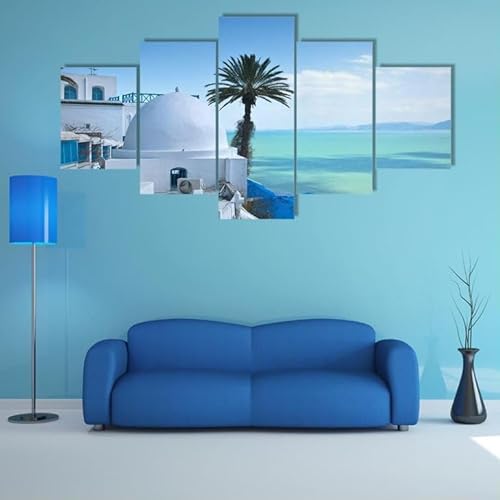 FatAco 5 Paneele Leinwand mit Rahmen Sidi Bou Said In Tunis Natur Bild Kunstdruck Leinwand Gemälde Wandmalerei Home Office Wohnzimmer Schlafzimmer Dekoration Ready to Hang von FatAco