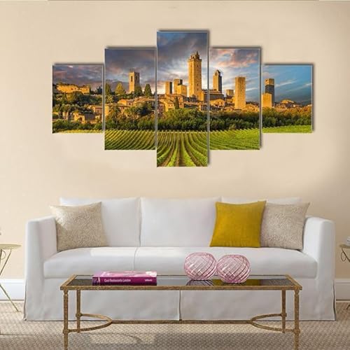 FatAco 5 Paneele Leinwand mit Rahmen Weinberge von San Gimignano in der Toskana Bild Kunstdruck Leinwand Gemälde Wandmalerei Home Office Wohnzimmer Schlafzimmer Dekoration Ready to Hang von FatAco