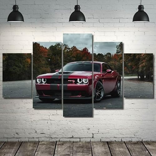 FatAco 5 Teile Dodg Challenger SRT Hellca Die Bilder sind auf Echtholzrahmen montiert. Kunstvoll gedruckte Wandbilder von FatAco