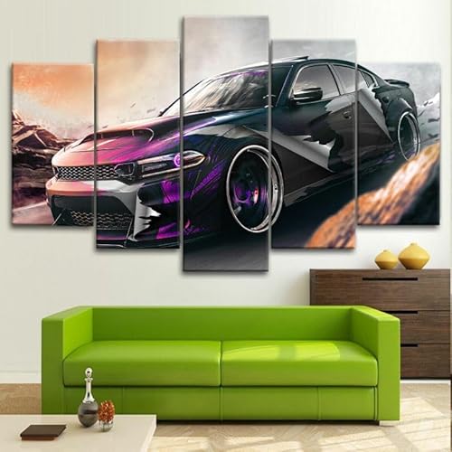 FatAco 5 Teile Dodg Charger Purple Racing Cars Super Die Bilder sind auf Echtholzrahmen montiert. Kunstvoll gedruckte Wandbilder von FatAco