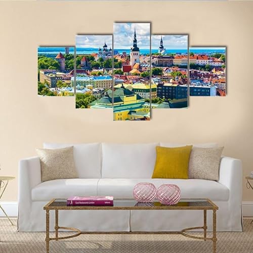 FatAco 5 Teile Luftaufnahme der Altstadt von Tallinn Malerei Tuch Plakat Wanddekoration, Wandkunst Druckset (Rahmenlos) von FatAco
