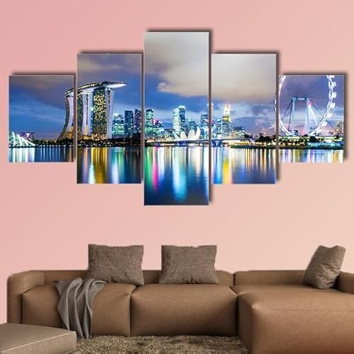 FatAco 5 Teile Nachtansicht der Skyline von Singapur Die Bilder sind auf Echtholzrahmen montiert. Kunstvoll gedruckte Wandbilder von FatAco