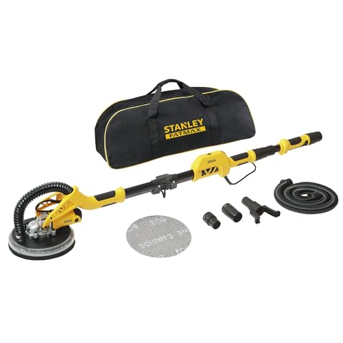 STANLEY FATMAX 750 Watt Trocckenbauschleifer (215mm Schleifplatten-Ø, Drehzahlvorwahl von 600-1.700 U/min mit Soft-Start, LED-Lichtring, faltbarer Teleskopgriff, inkl. Werkzeugtasche) SFMEE500S-QS von STANLEY FATMAX