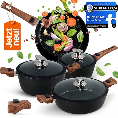 Topfset Pfannenset Induktion [ Antihaftbeschichtung ] - Hochqualitativ & beständig + abnehmbare Griffe - Beschichtete Töpfe und Pfannen Set von Father & Son