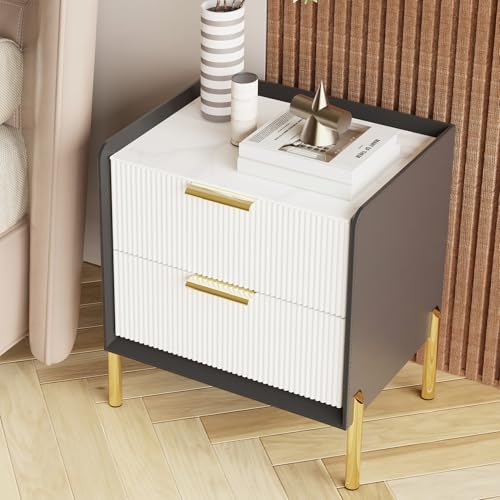 FATIVO Nachttisch Marmor Weiß Tischplatter mit 2 Schubladen, Nachtkommode Beistelltisch Holz Schrank Modern Skandinavisch Nightstand für Schlafzimmer 48.5×38.5×53cm von FATIVO