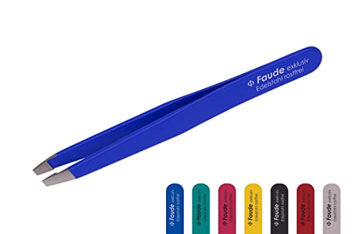 Faude Profi Pinzette zum Augenbrauen zupfen auch für feine Härchen und eingewachsene Haare, schräg, komplett Edelstahl oder mit Silk Touch Beschichtung(farbig) (BLAU) von Faude