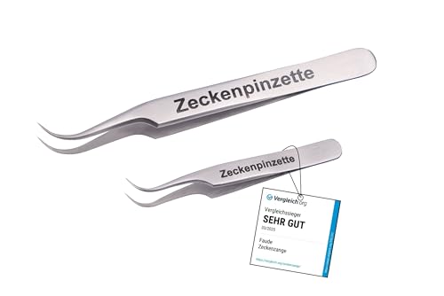Faude Zeckenpinzetten Set, Zeckenzangen Set zum Entfernen von Zecken jeder Größe ohne sie zu quetschen mit feiner, rund gebogener Spitze, Edelstahl 12,5cm und 8cm von Faude