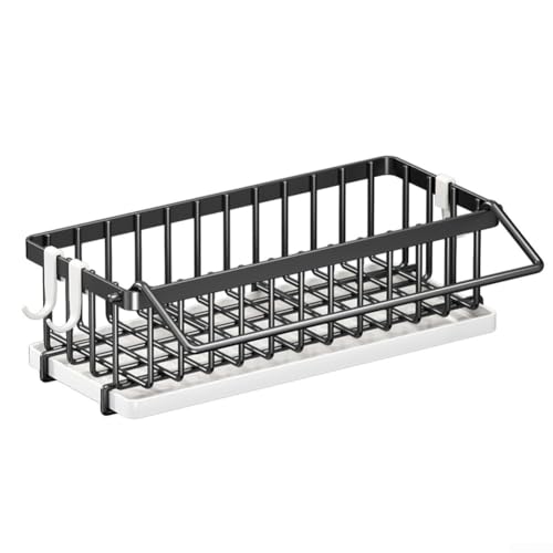 Edelstahl-Wandhalterung für Küchenspüle mit Abtropfschale für Bürste, Schwammtuch und Utensilienregal mit Ablauflöchern für schnelles Trocknen (schwarz) von Fauhapyway