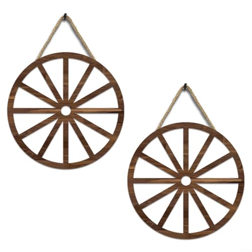 Fauhapyway 2 Holz Wagon Wheel Rustikale Wanddekoration Bauernhaus Runde Dekorative Kunst für Wohnzimmer Garten Terrasse Bar Studio 11,4 Zoll Set von Fauhapyway