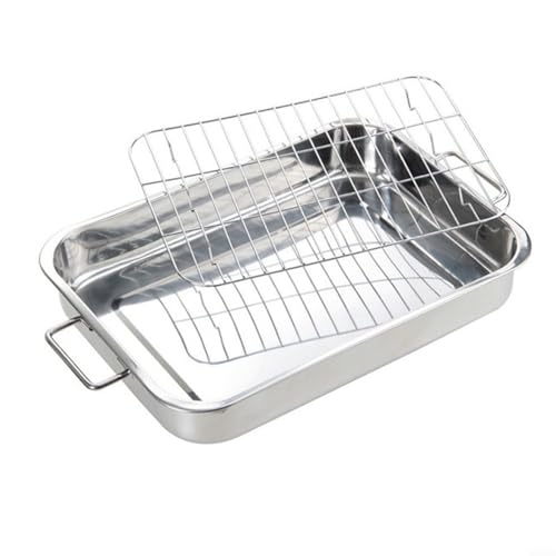 Fauhapyway Bräter aus Edelstahl mit Rost, tiefes Backblech, Grill, Küche, Kochgeschirr-Set, hochglanzpoliert, 4 Größen erhältlich (42 x 32 x 6,5 cm) von Fauhapyway