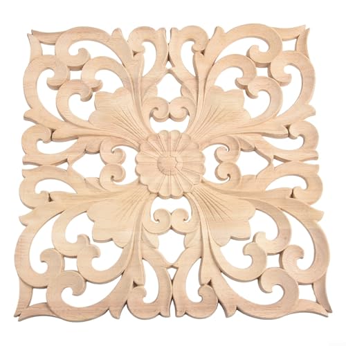 Fauhapyway Holzapplikationen Onlay Handgefertigte Holzapplikation Schnitzerei Europäischer Stil Wand Tür Schrank Möbel Ornament Gummi Quadrat (30 x 30 cm) von Fauhapyway