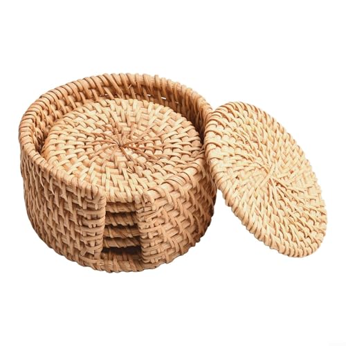 Fauhapyway Mat Akifuji Natural Straw Woven Round Coasters Set With Storage Rack Heat Resistant Table Protection Mat Hot Cold Beverages Fauhapyway Mat Akifuji Natural Straw Woven Round Coasters Set With Storage Rack Heat Resistant Table Protection Mat Hot Cold Beverages von Fauhapyway