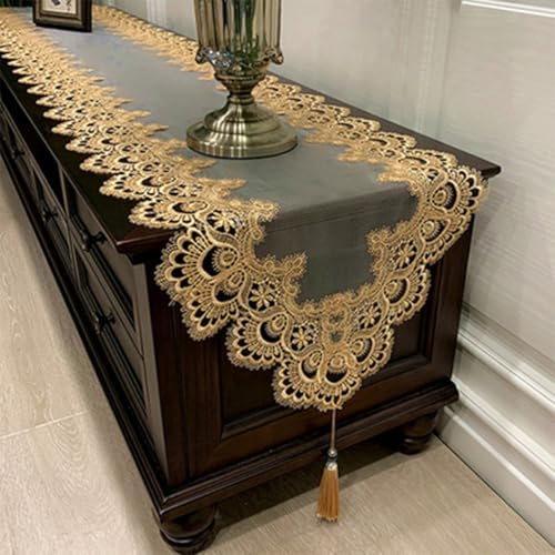 Fauhapyway Spitzentischdecke, dekorativer ovaler Tischläufer, besticktes Spitzenmuster, rutschfeste Polyester-Tischdecke für Küche und Esszimmer (40 x 140 cm C) von Fauhapyway