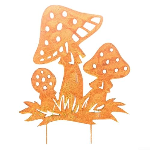Gartenstecker Pilz aus Metall mit rustikaler Rostoptik und doppelseitiger Fliegenpilz-Silhouette zur Verschönerung von Gärten, Blumenbeeten und Balkon-Pflanzgefäßen (Rost) von Fauhapyway