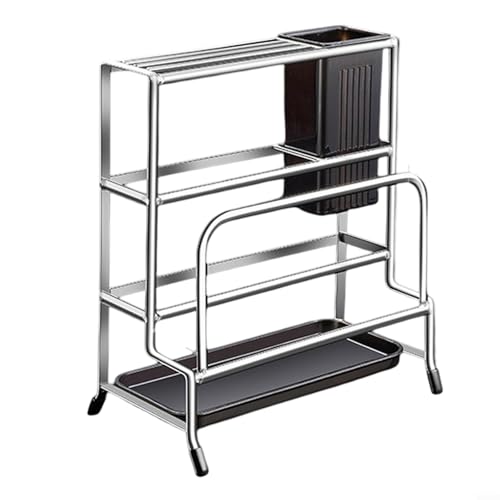 Schneidebretthalter aus Edelstahl mit Silikon-Pads, um Küchenbretter, Pfannen und Tabletts organisiert und stabil in kleinen Räumen zu halten (C) von Fauhapyway